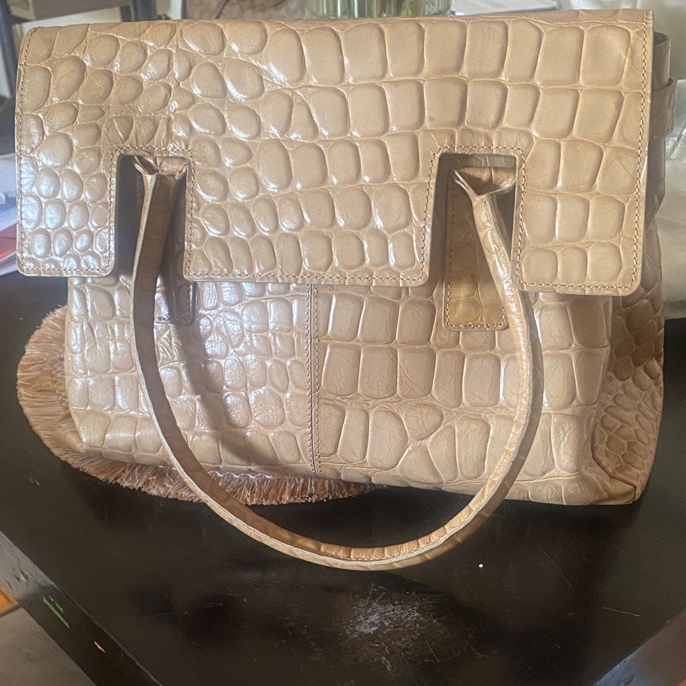 Croc-Embossed Structured Satchel in Light Beige